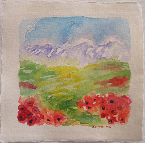 Valley with poppies III ,handmade paper, 20x20cm